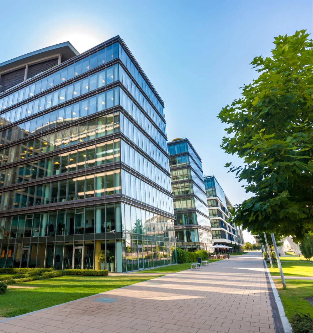 A view of sleek, modern office buildings with glass exteriors, surrounded by greenery and a clean, paved walkway under a bright blue sky.