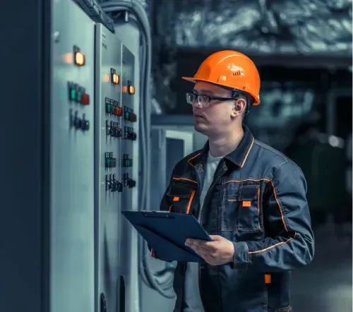 An engineer wearing a hard hat inspects an industrial control panel, taking notes on a clipboard to ensure proper function and safety.