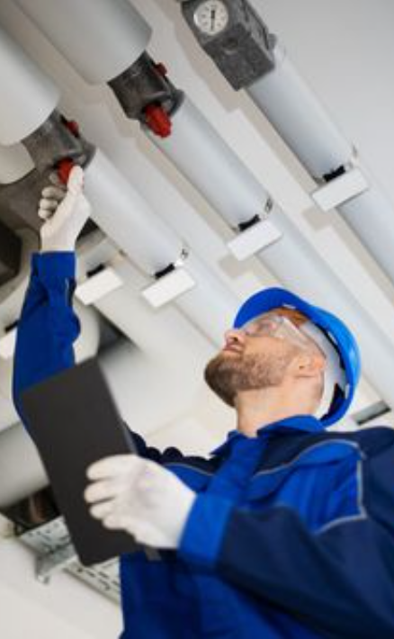 An inspector in a blue uniform and hard hat examines pipe valves on a ceiling, ensuring proper installation and functionality.