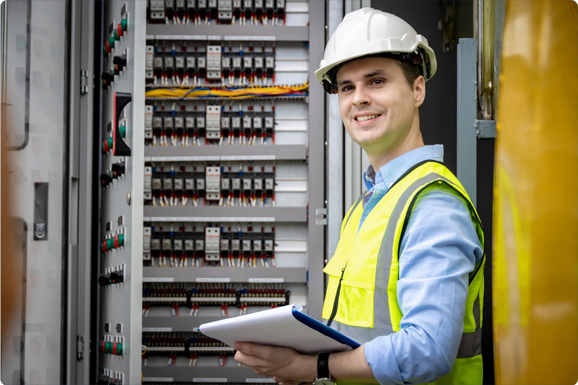 A smiling engineer in a hard hat and high-visibility vest holding a clipboard, inspecting an electrical control panel with various switches.
