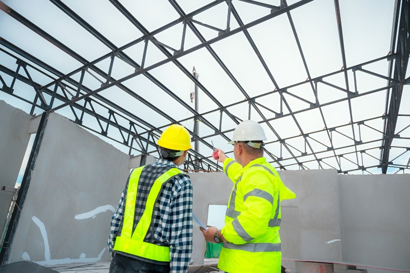 Two engineers in safety gear inspect the metal framework of a building's roof under construction, discussing structural details and safety.