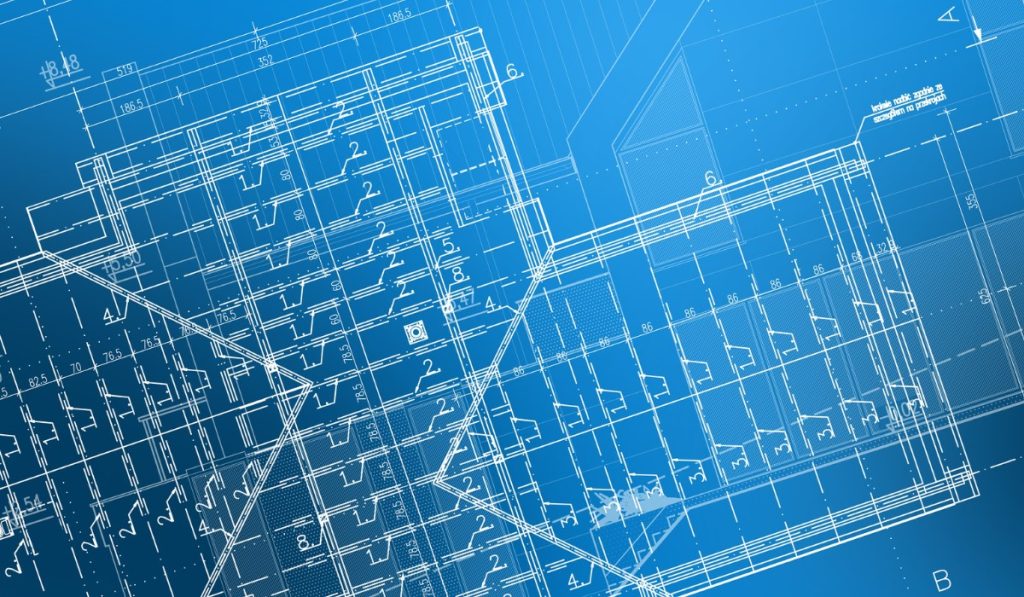 Detailed architectural blueprint showcasing the layout and structure of a building's blue roofing design, highlighting complex roofing plans.
