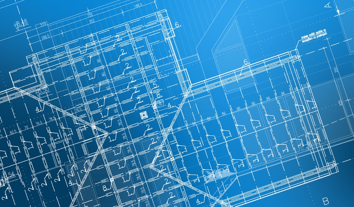 Detailed architectural blueprint showcasing the layout and structure of a building's blue roofing design, highlighting complex roofing plans.