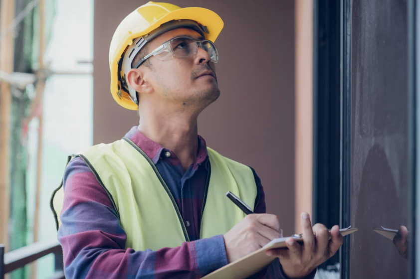 An engineer wearing a hard hat and safety vest looks up and takes notes on a clipboard while inspecting a building.