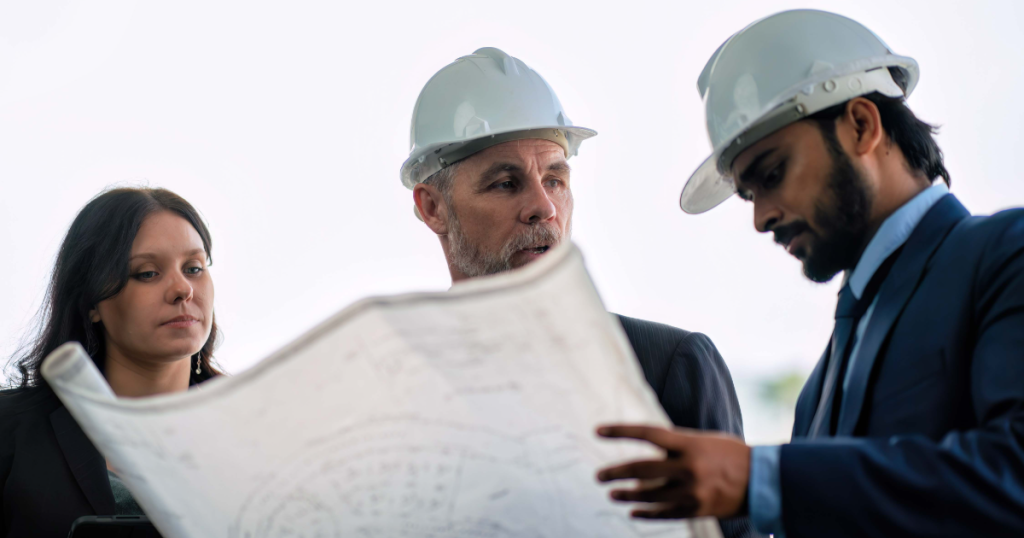 Three employees of an engineering firm oversees progress and safety at an active construction site.