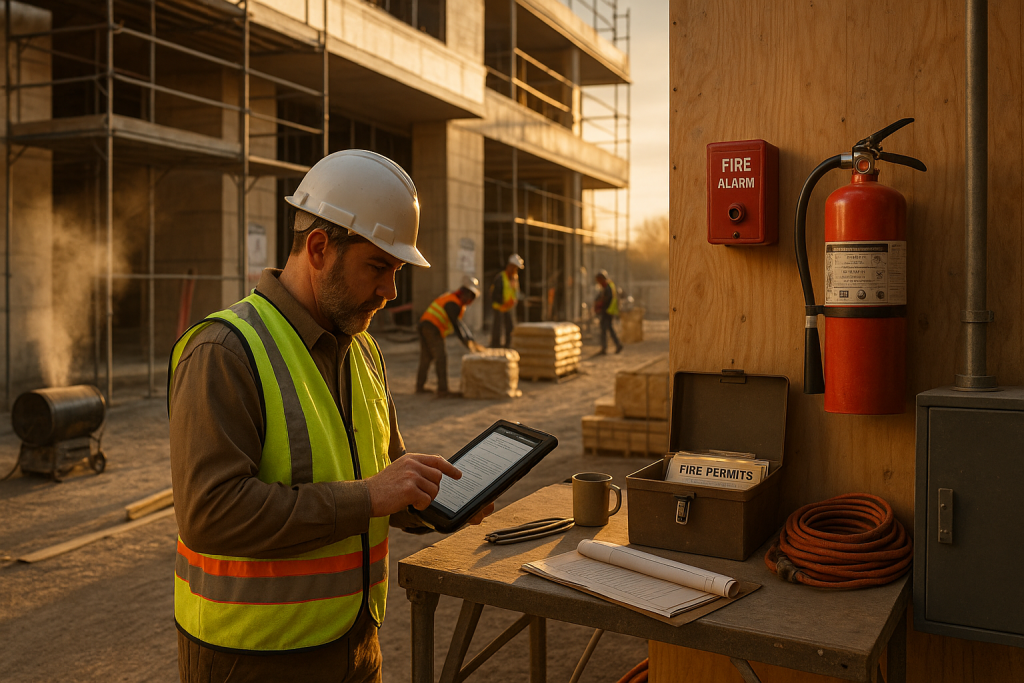 Worker checks tablet at organized job site