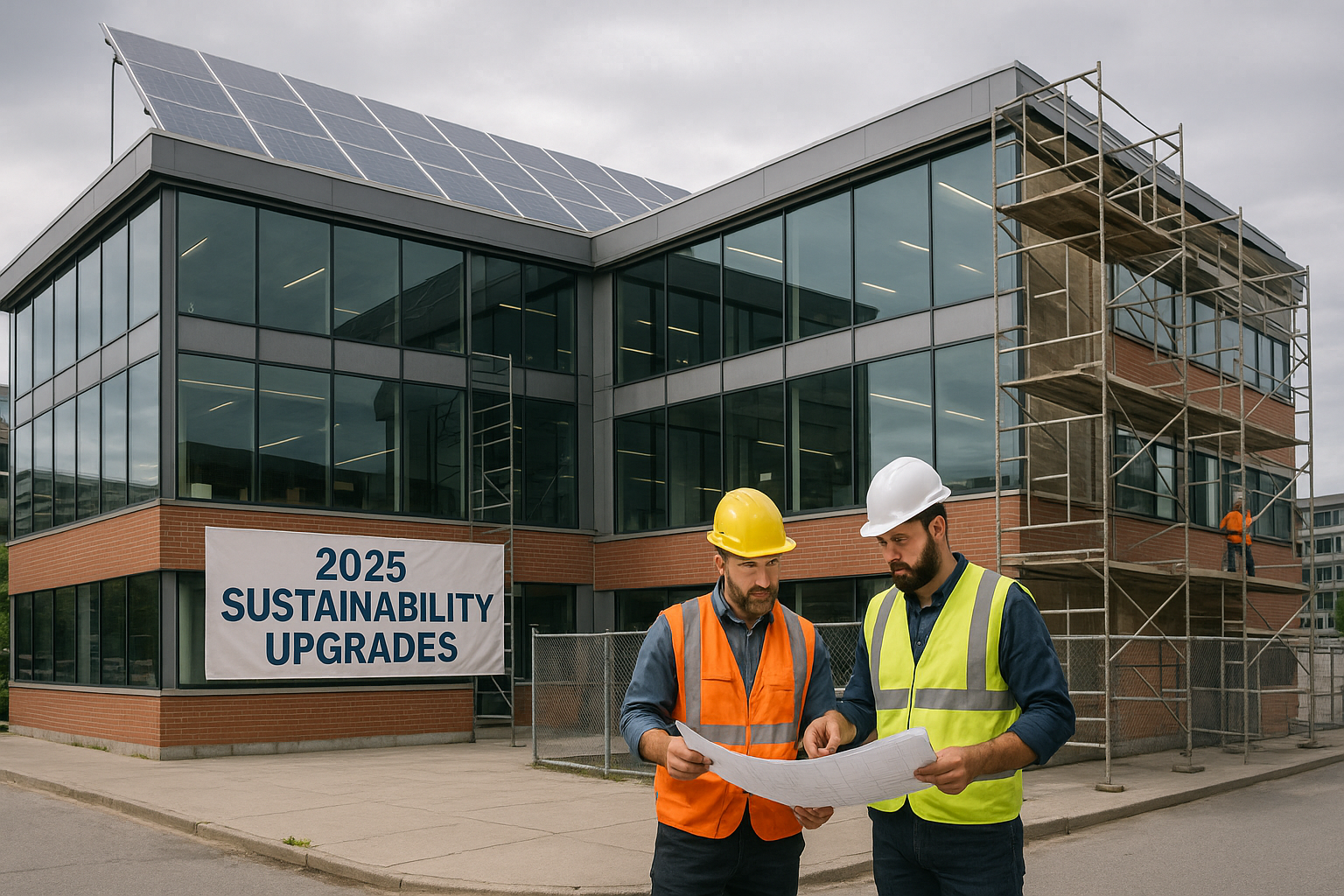 Two construction workers reviewing blueprints outside a commercial building undergoing sustainable renovations with solar panels, scaffolding, and a "2025 Sustainability Upgrades" banner
