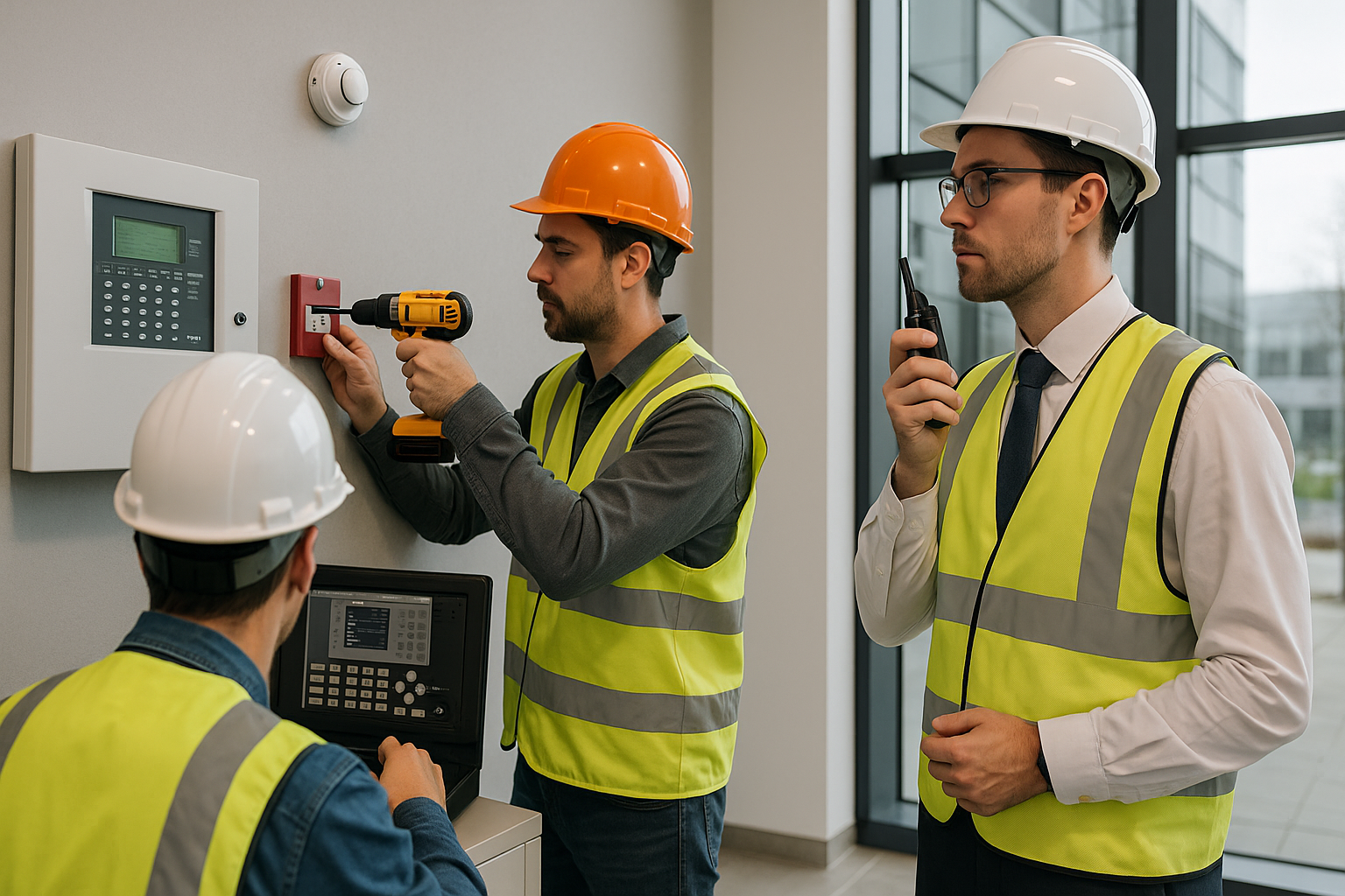 Fire alarm verification in progress at Calgary commercial office building with technician operating control panel, electrician testing smoke detector with tools, and engineer coordinating with two-way radio