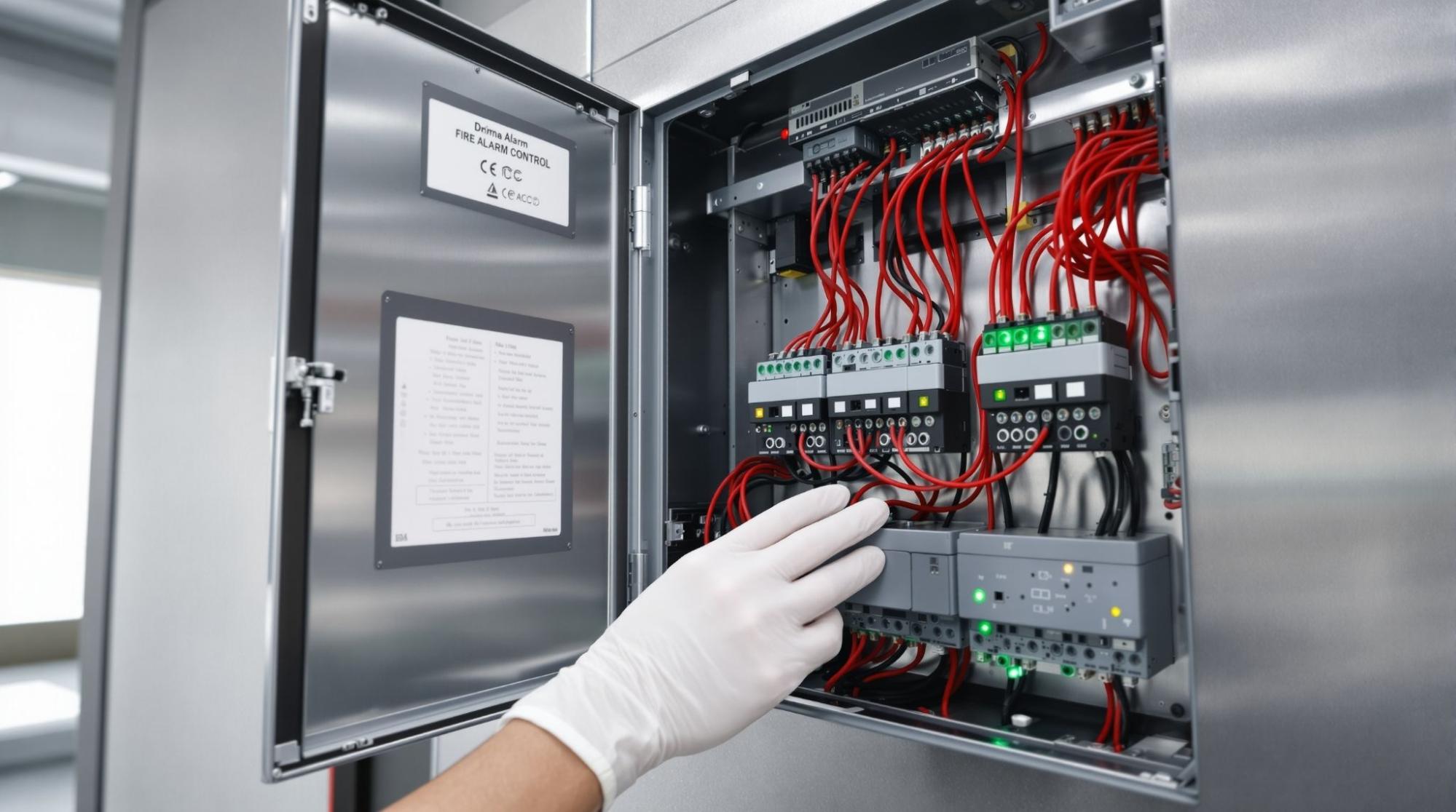 Technician adjusting wiring inside an open fire alarm control panel in a commercial building, showing detailed circuits and red communication cables.