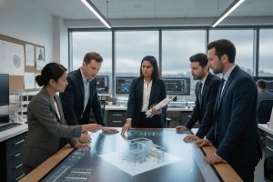 Engineering team reviewing a digital 3D building model around a conference table.