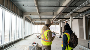 Construction crew upgrading fire sprinkler, framing, and electrical systems inside a commercial renovation site.