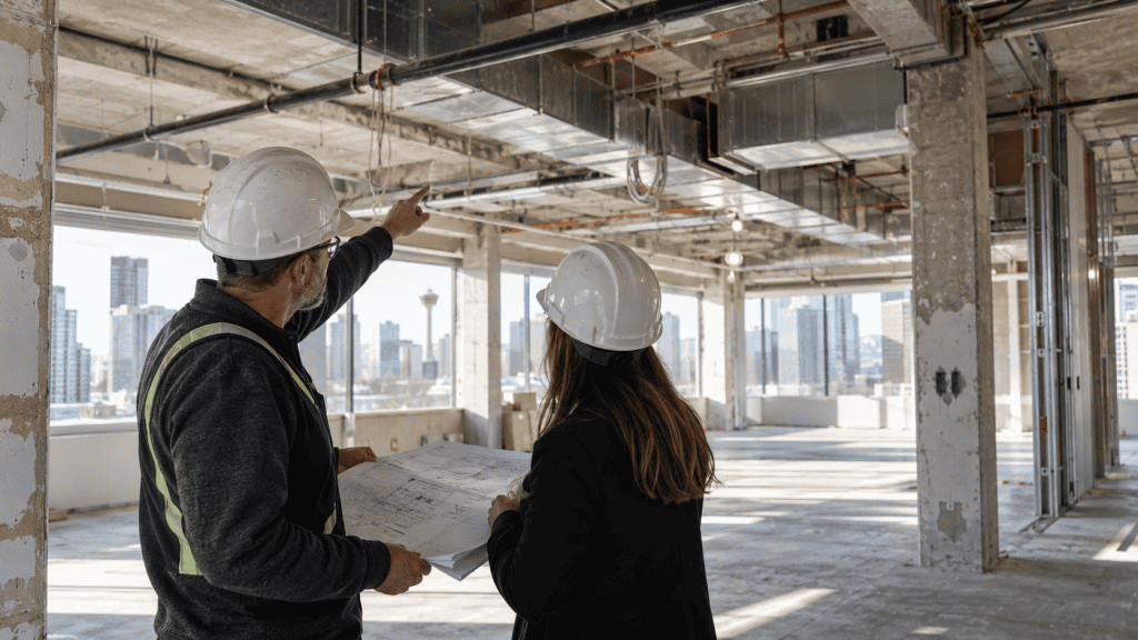 Construction professionals inspecting a building site with city skyline view.