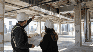 Construction professionals inspecting a building site with city skyline view.