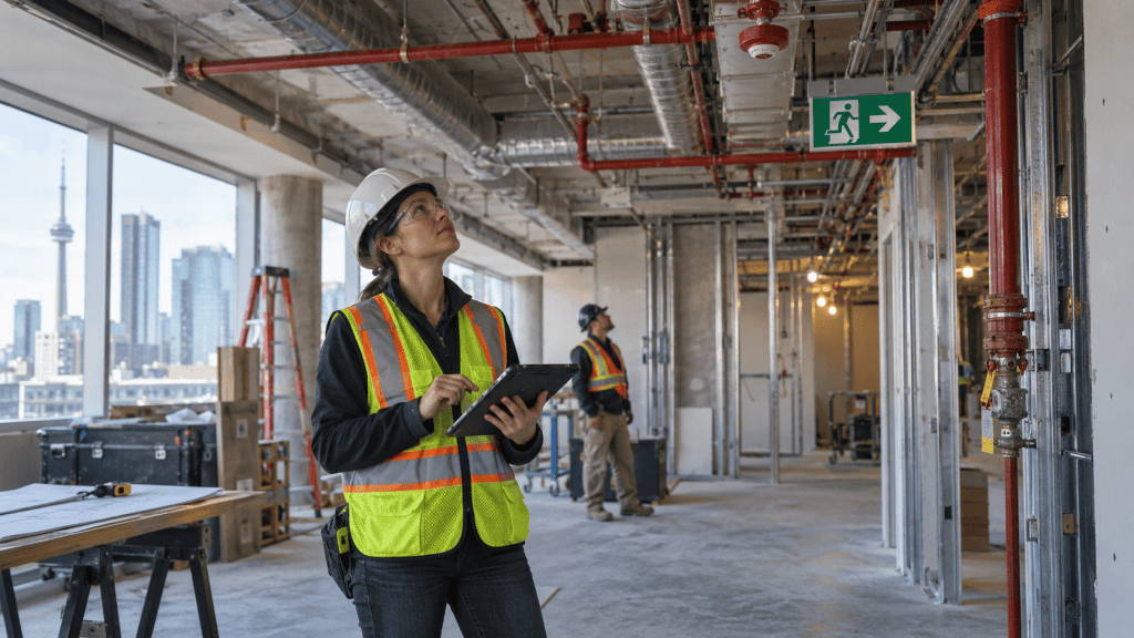 Construction site with safety inspectors inspecting fire safety systems.