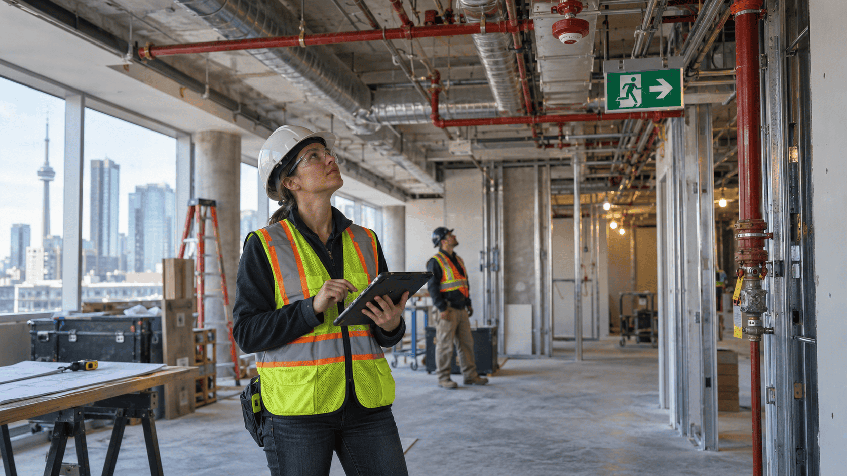 Construction site with safety inspectors inspecting fire safety systems.