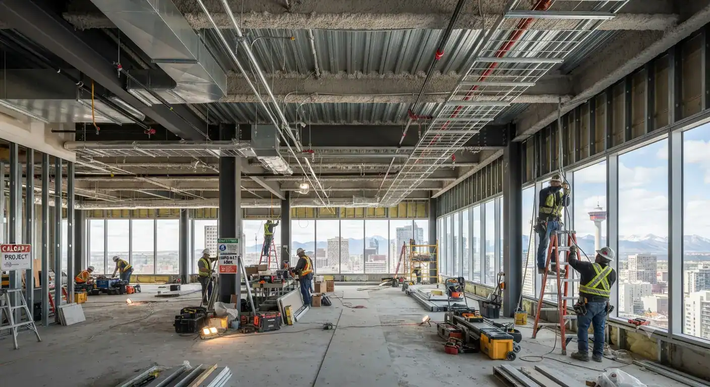 Construction workers installing fire safety systems in a high-rise building.